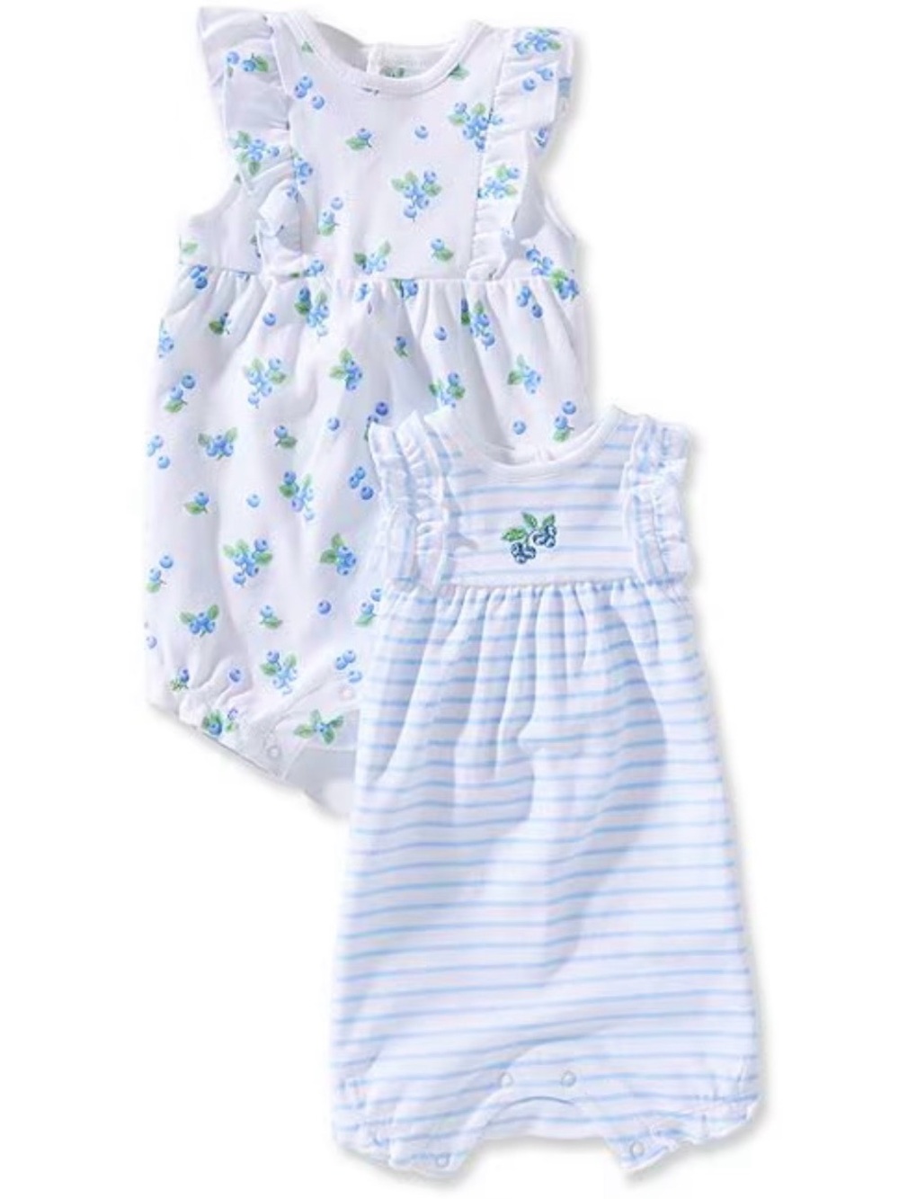 🆕-Little Me-Set of 2 Flutter Sleeve Blueberry & Stripe Rompers. Size: 6mo